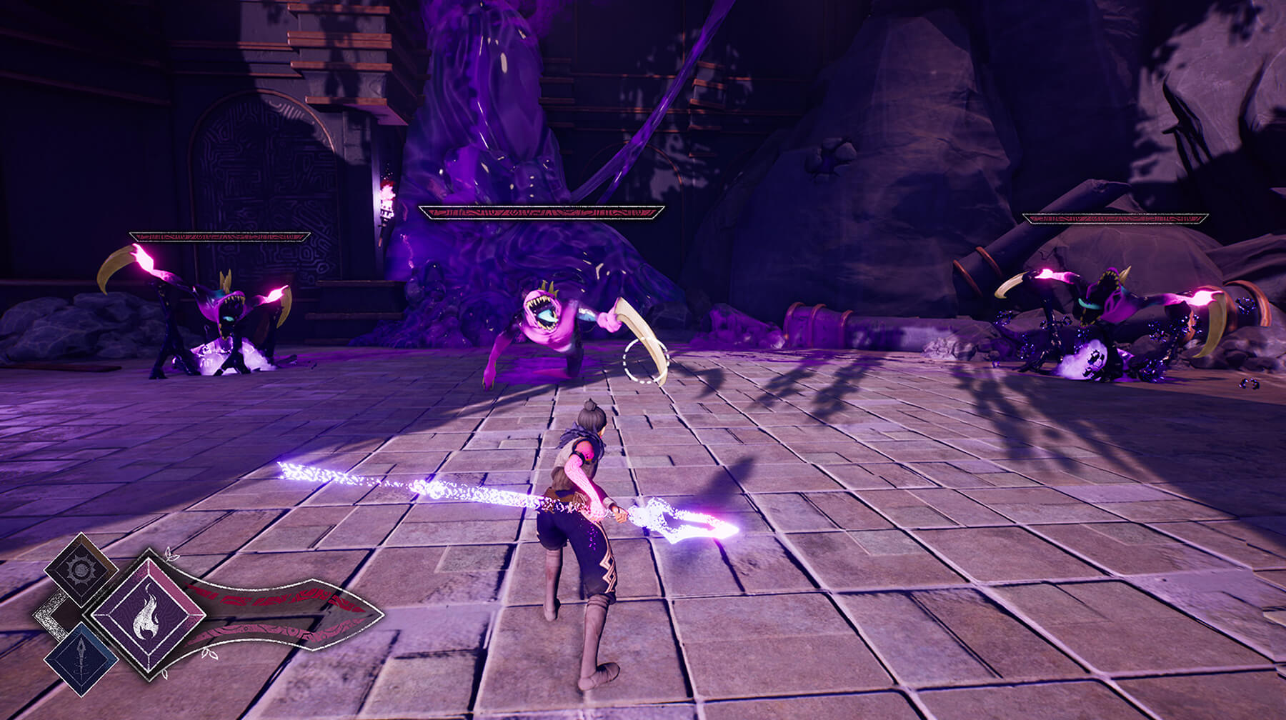 Cyrah wields her spear as she faces three approaching enemies.