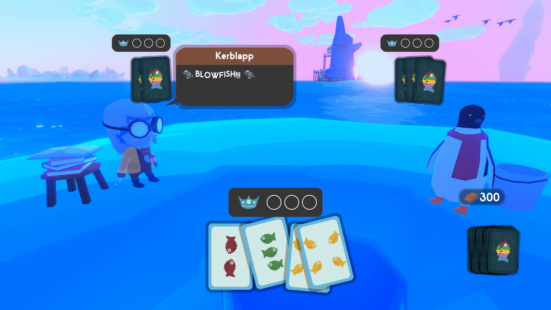 A blue humanoid character, a scarf-clad penguin, and the player (not shown) play a card game involving fish.