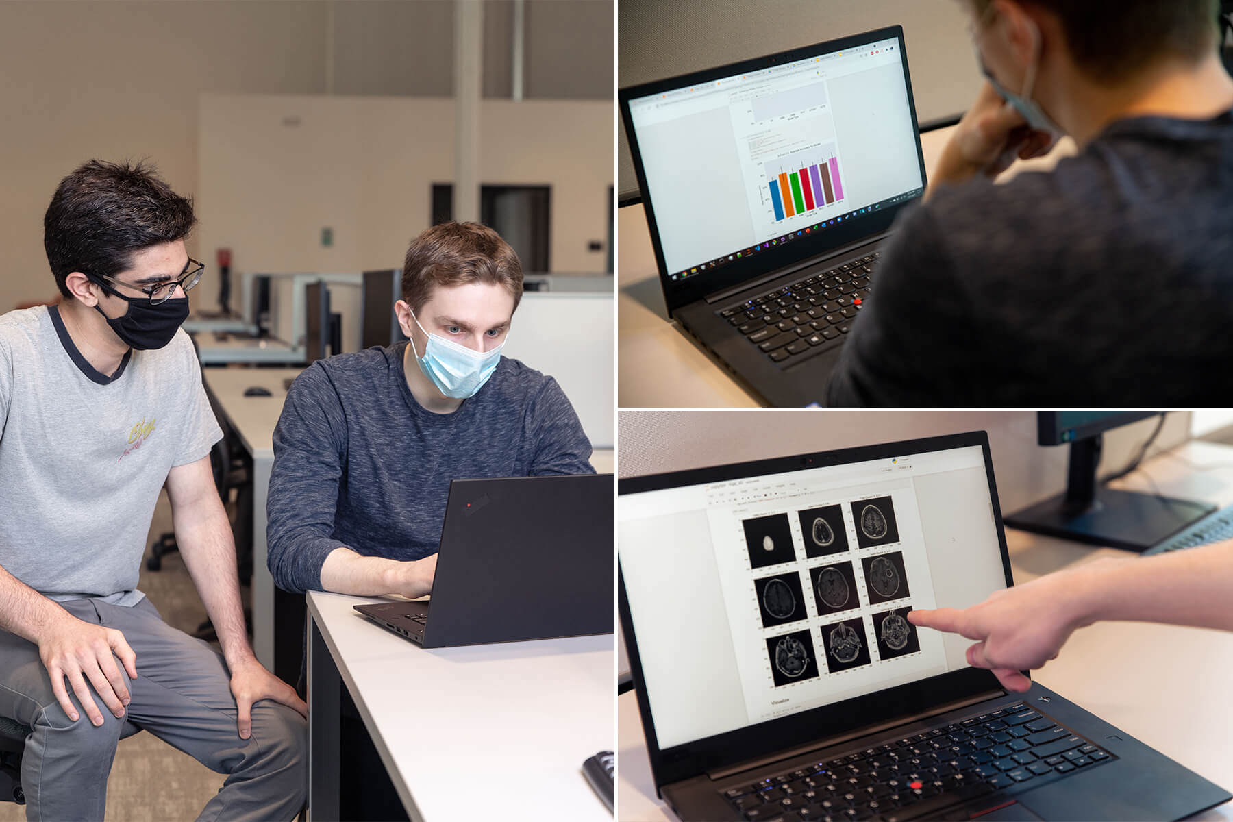 DigiPen students Andrew Ardeleanu and Eric Zander look at a computer screen displaying their machine learning project