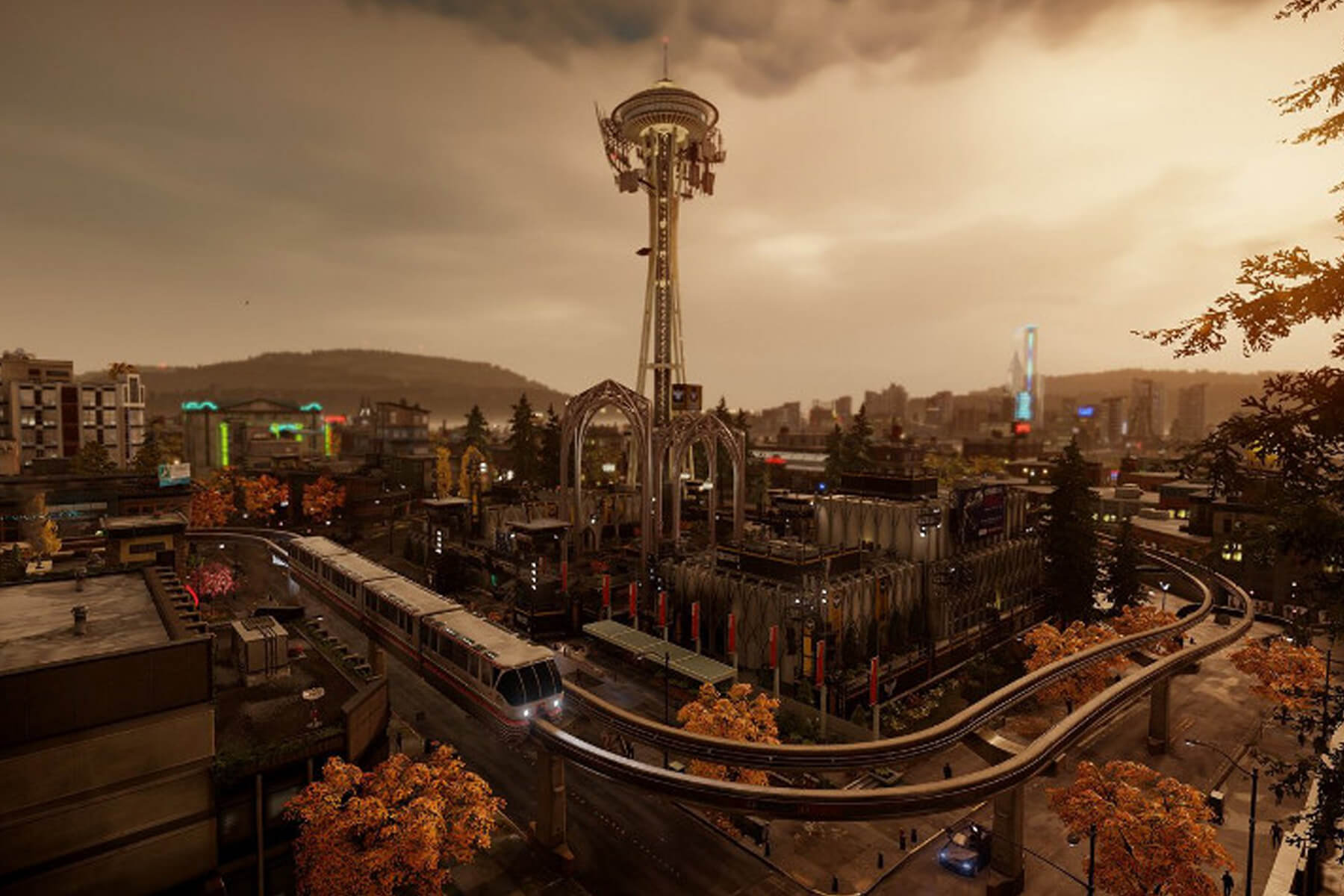 Screenshot from Infamous Second Son featuring the Seattle Space Needle and monorail