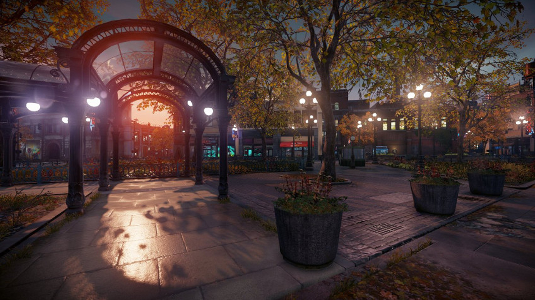 Screenshot from Infamous Second Son featuring Seattle's Pioneer Square at twilight