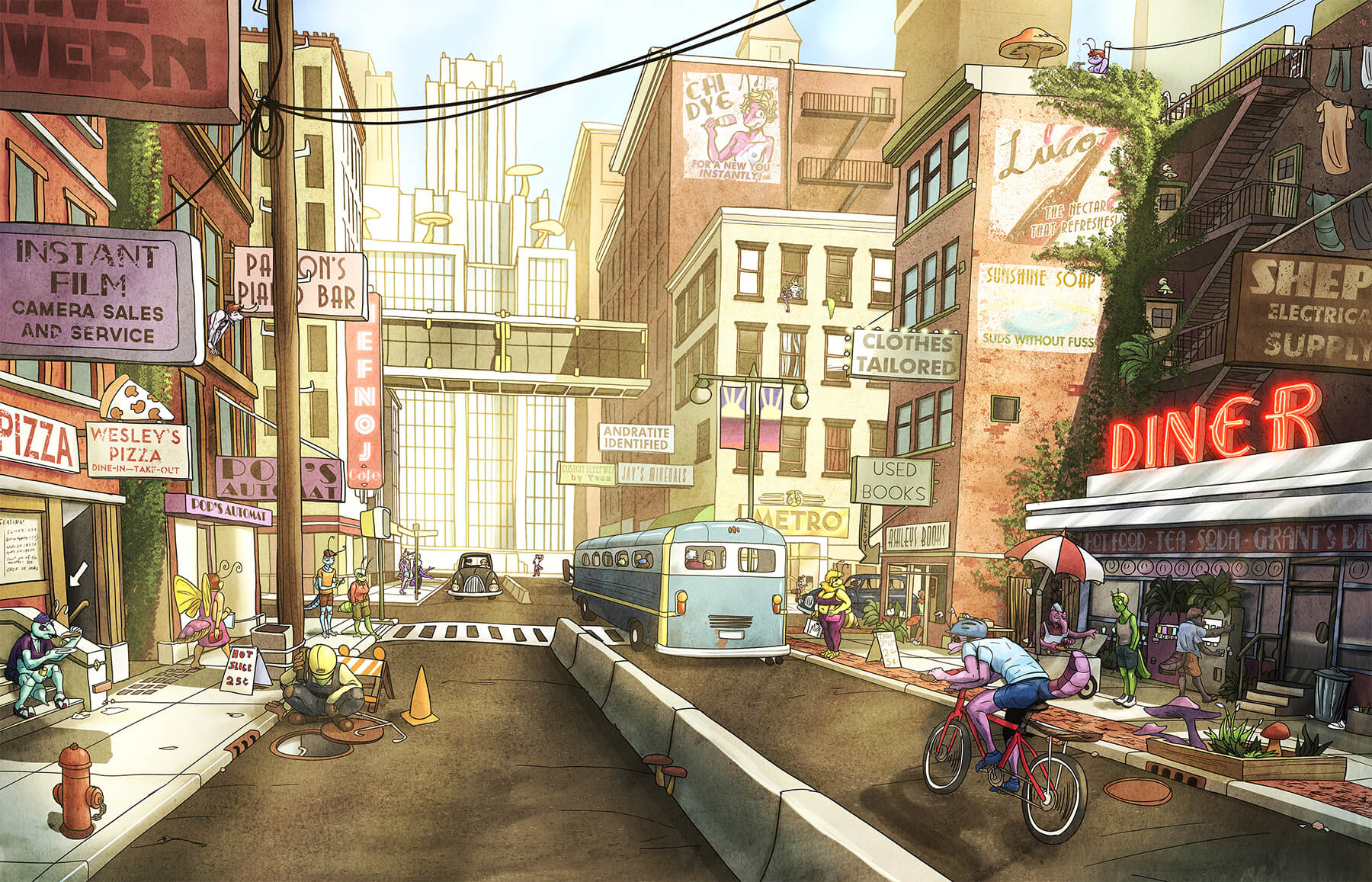 A panel depicting Coelary's busy downtown area full of bug people.