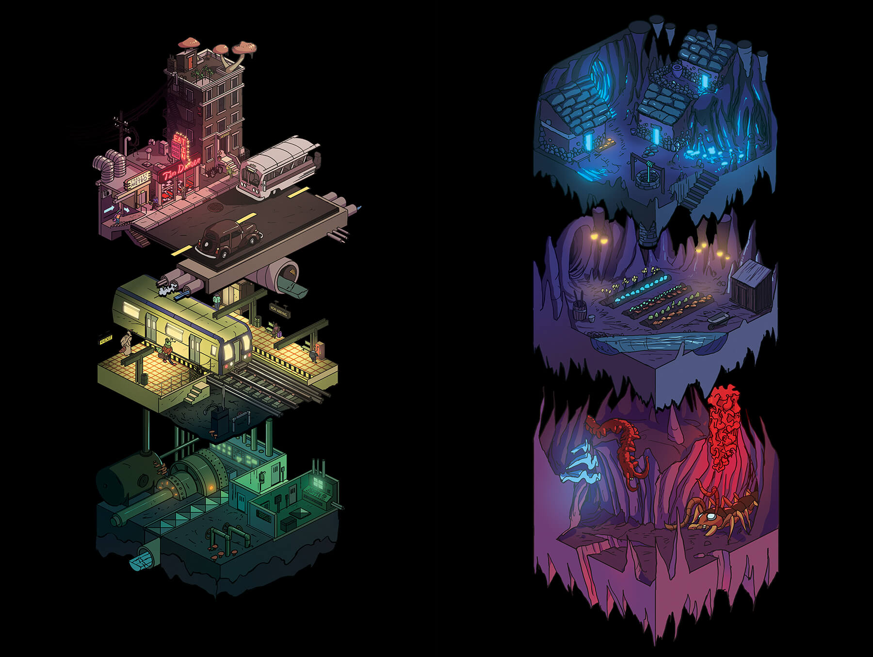 Isometric, cross-section views of Coelary’s various boroughs, both above and below ground.