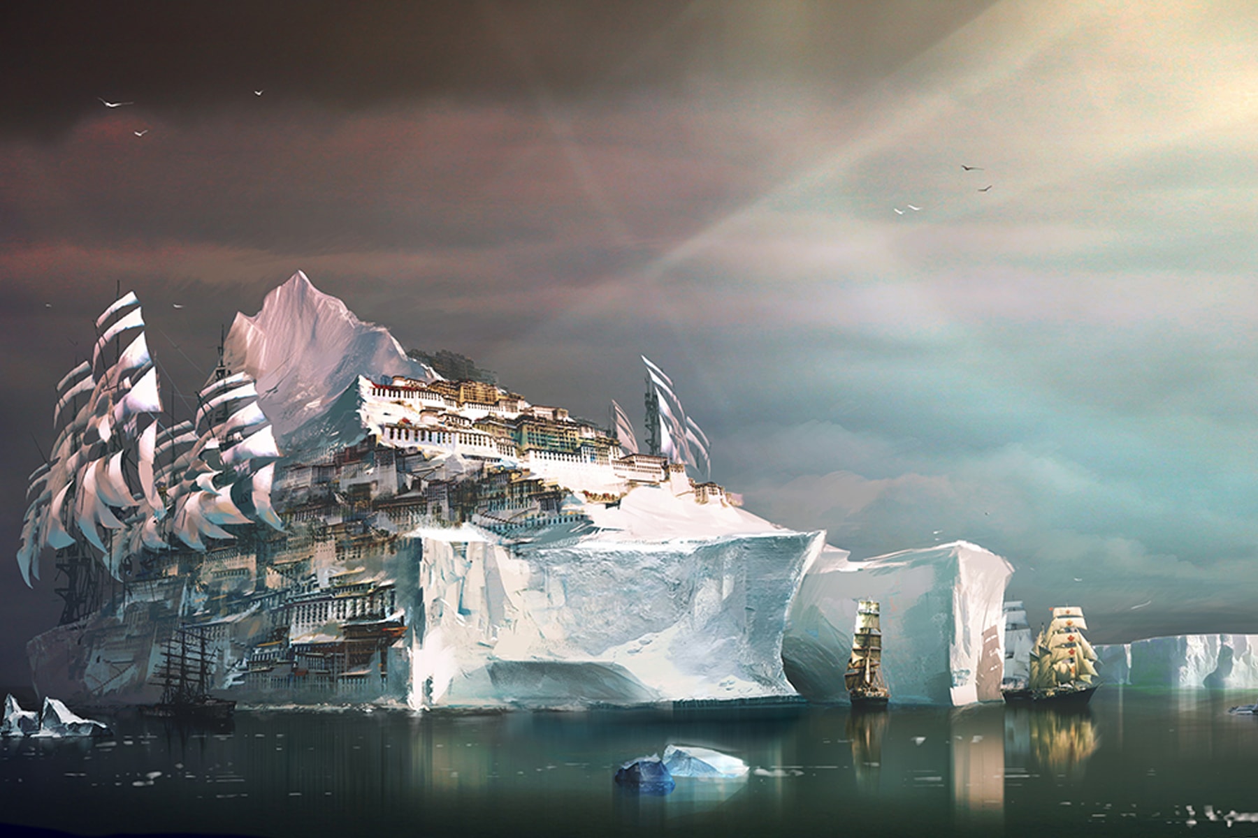 Illustration of a huge iceberg with a village built on top