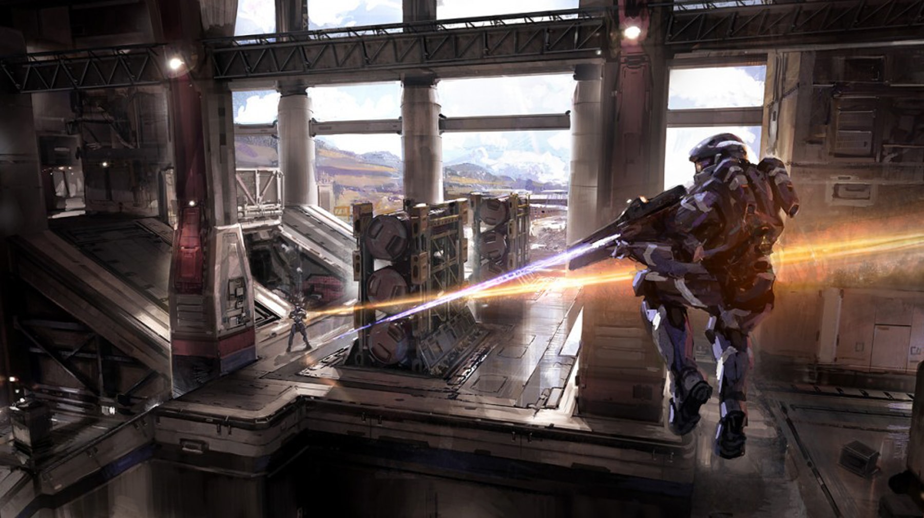 Screenshot of Halo 4 characters fighting in a military facility