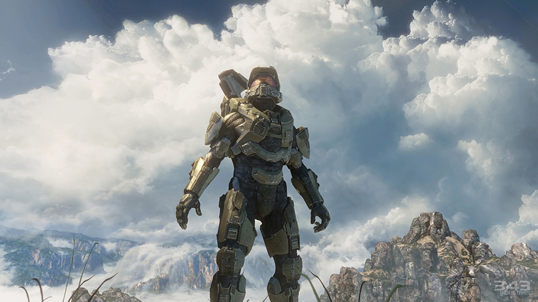 Screenshot of Master Chief, the huge, armored faceless protagonist of Halo 4