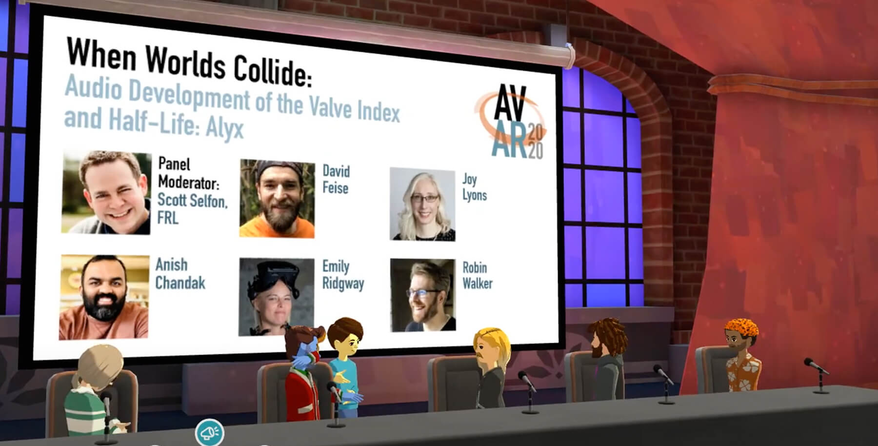 A group of Valve audio developers' virtual reality avatars sit at a long panel discussion table in front of a presentation screen. 