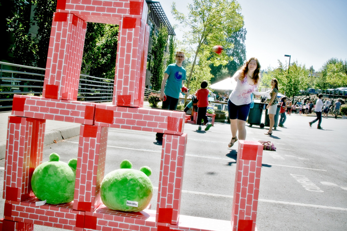 A DigiPen day attendee playing a life-sized version of popular video game Angry Birds