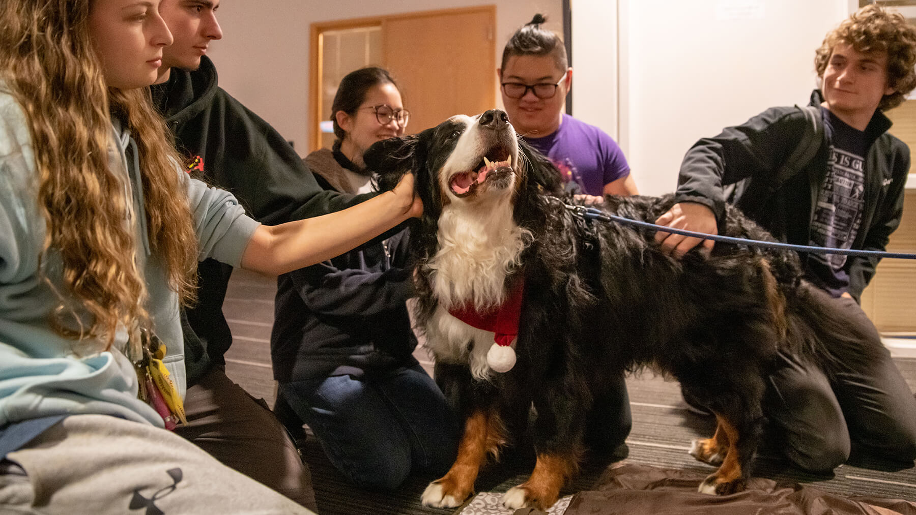 DigiPen students gather around and pet a smiling dog.