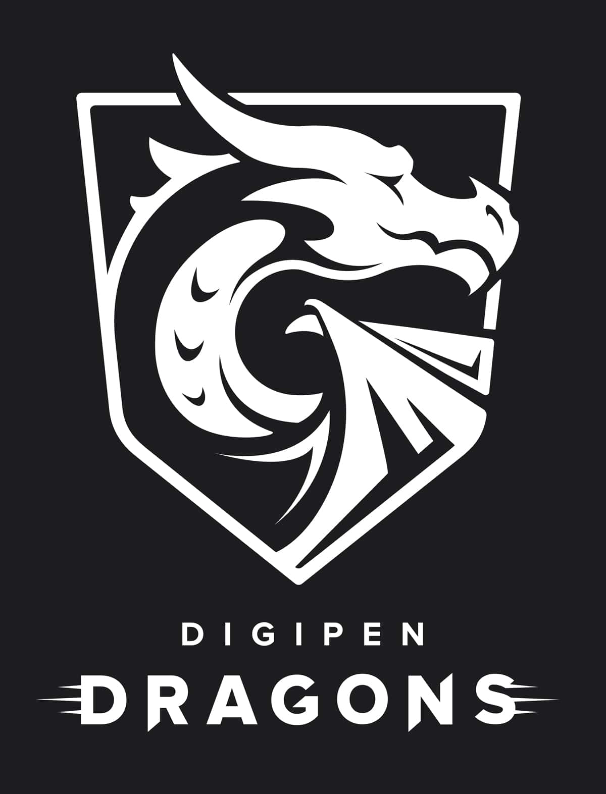 White DigiPen dragon shield on a black background