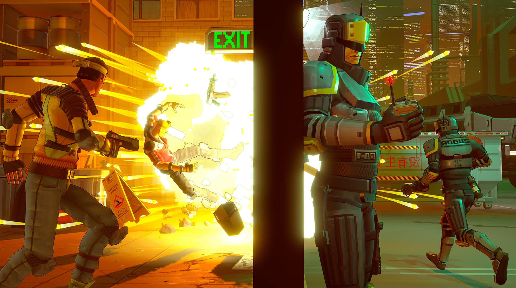 Two Enforcers from Due Process detonate a wall charge, blasting an unsuspecting Defender on the other side.