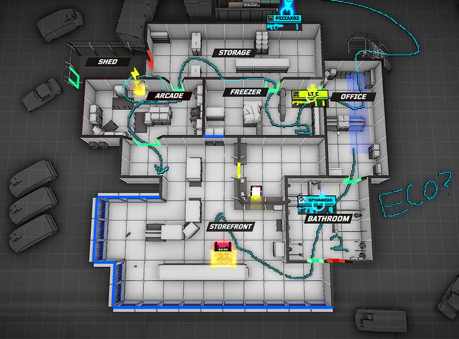 A map of a Due Process level during the planning phase, featuring drawn-on strategies and routes.