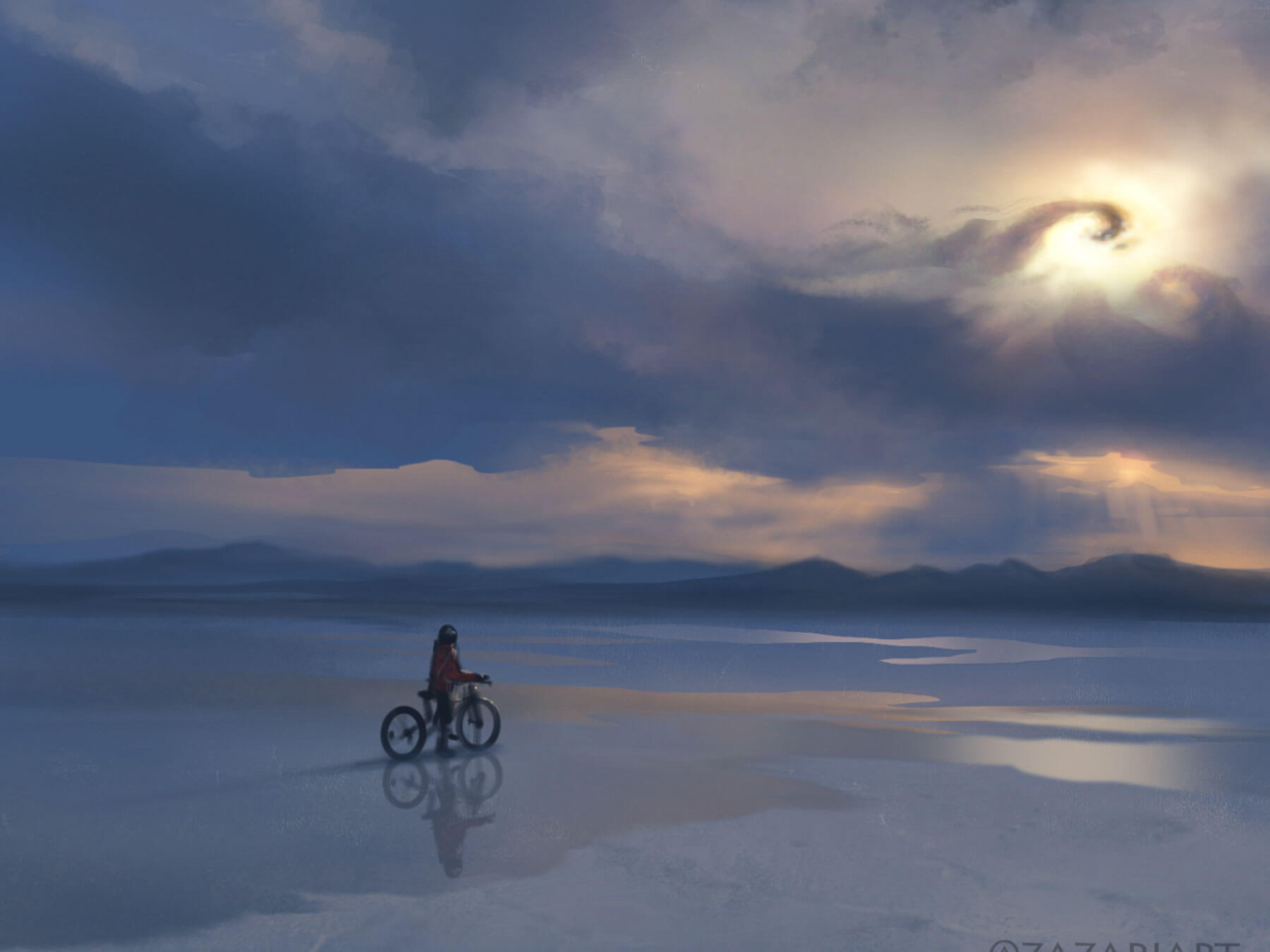 A digital painting of a person on a bike looking out on a body of water at dawn.