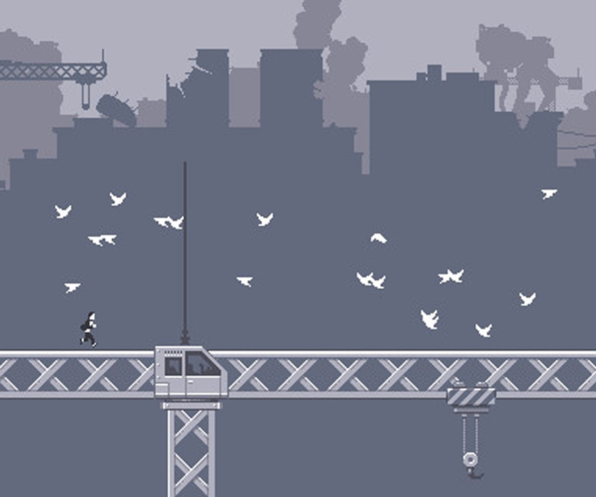 Screenshot of a man running from the destruction of his city in Canabalt, a game by developer Semi Secret Software