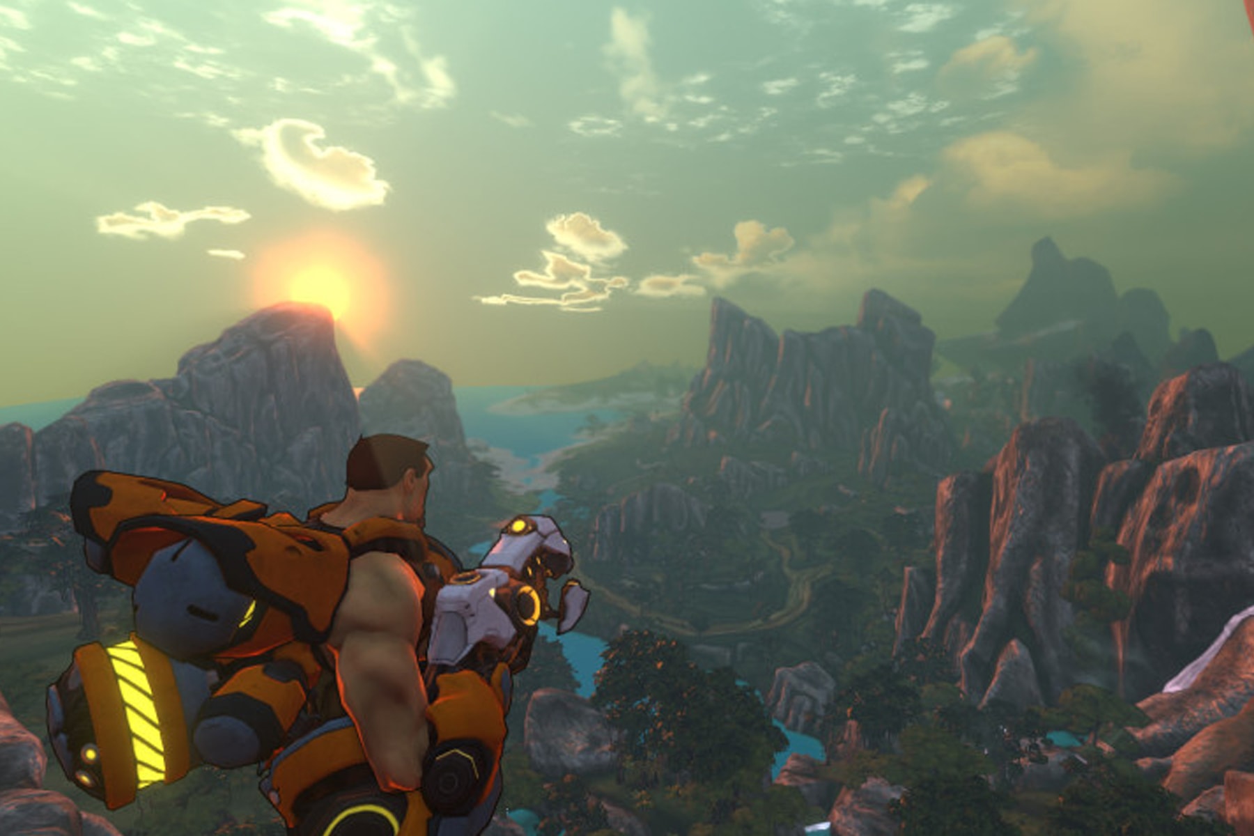 Screenshot of a man looking out over the mountains in Firefall, a game by Red 5 Studios