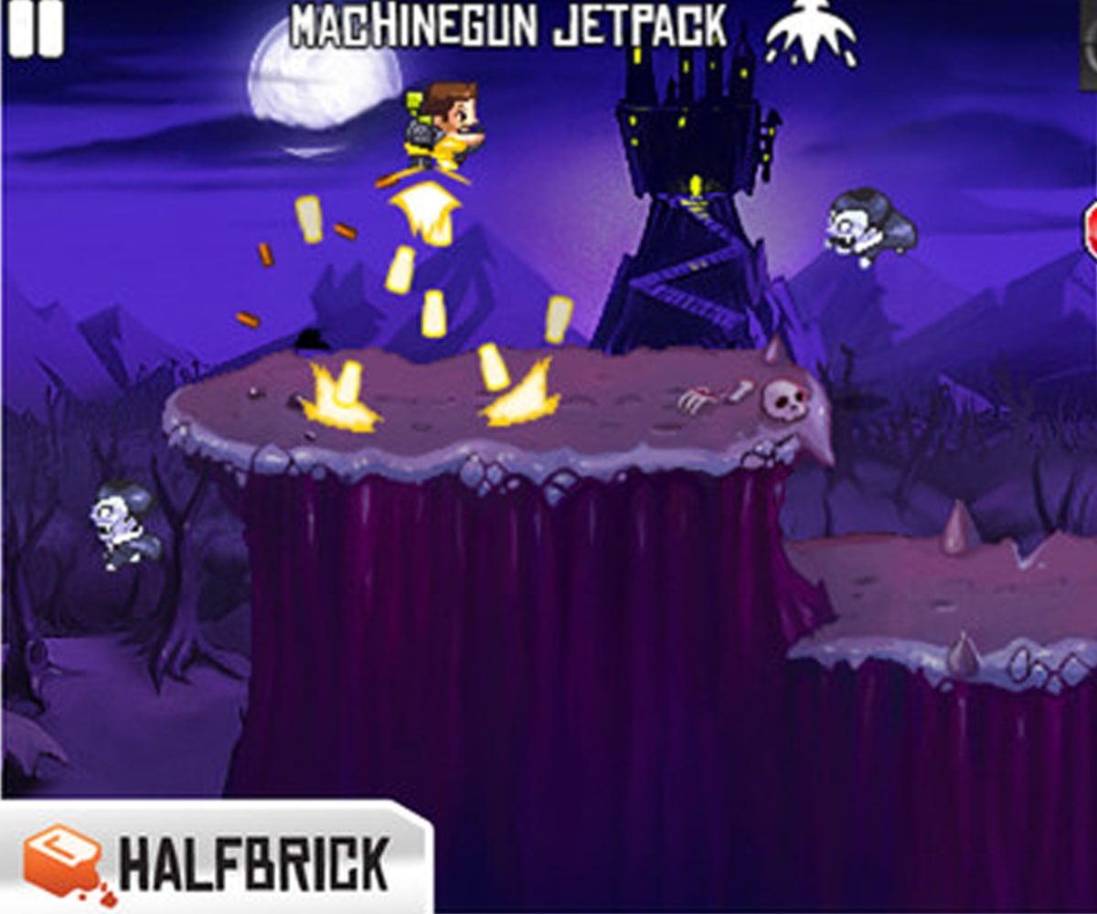 Screenshot of a man wearing a machine gun jetpack in Monster Dash, a game by developer Halfbrick Studios