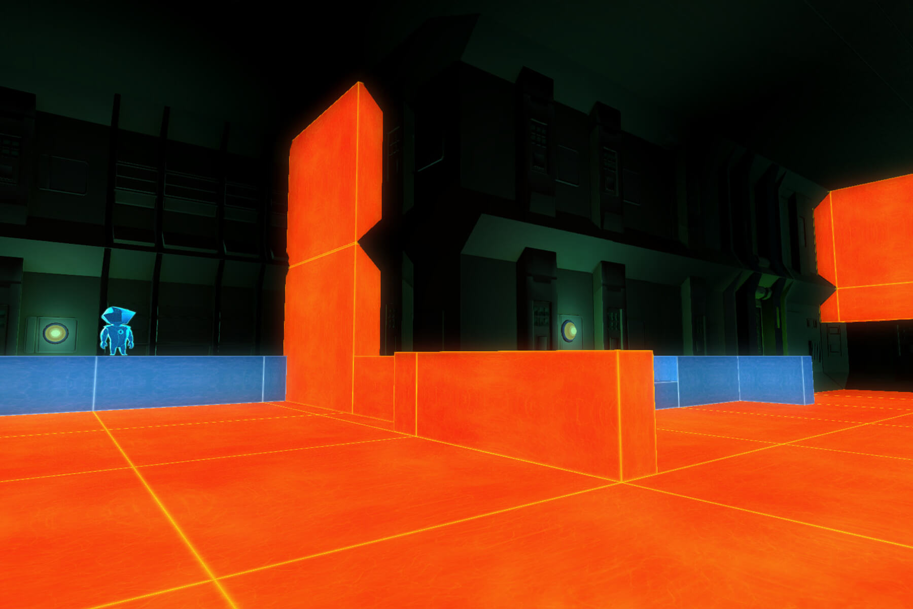 A screenshot from DigiPen game “Perspective,” depicting a blue and orange game level.