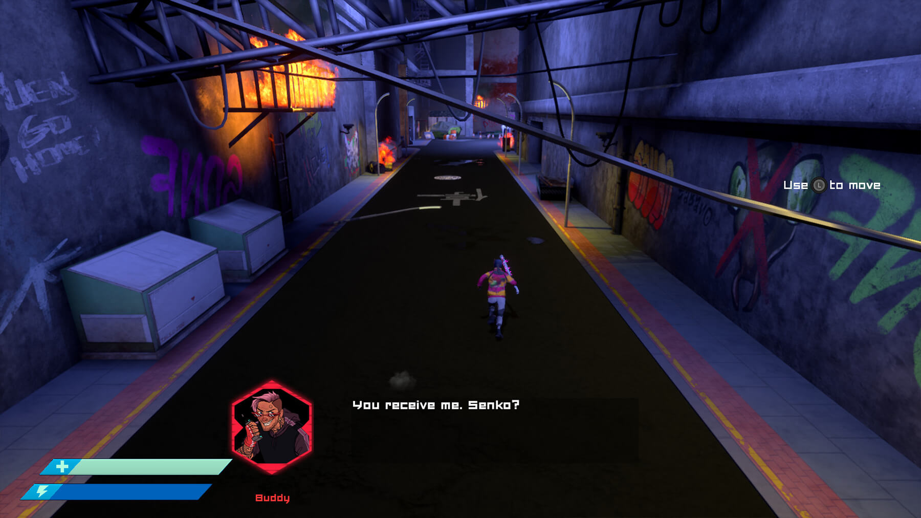 A gritty screenshot from DigiPen student game Project Senko showing dialogue with the character 'Buddy'.