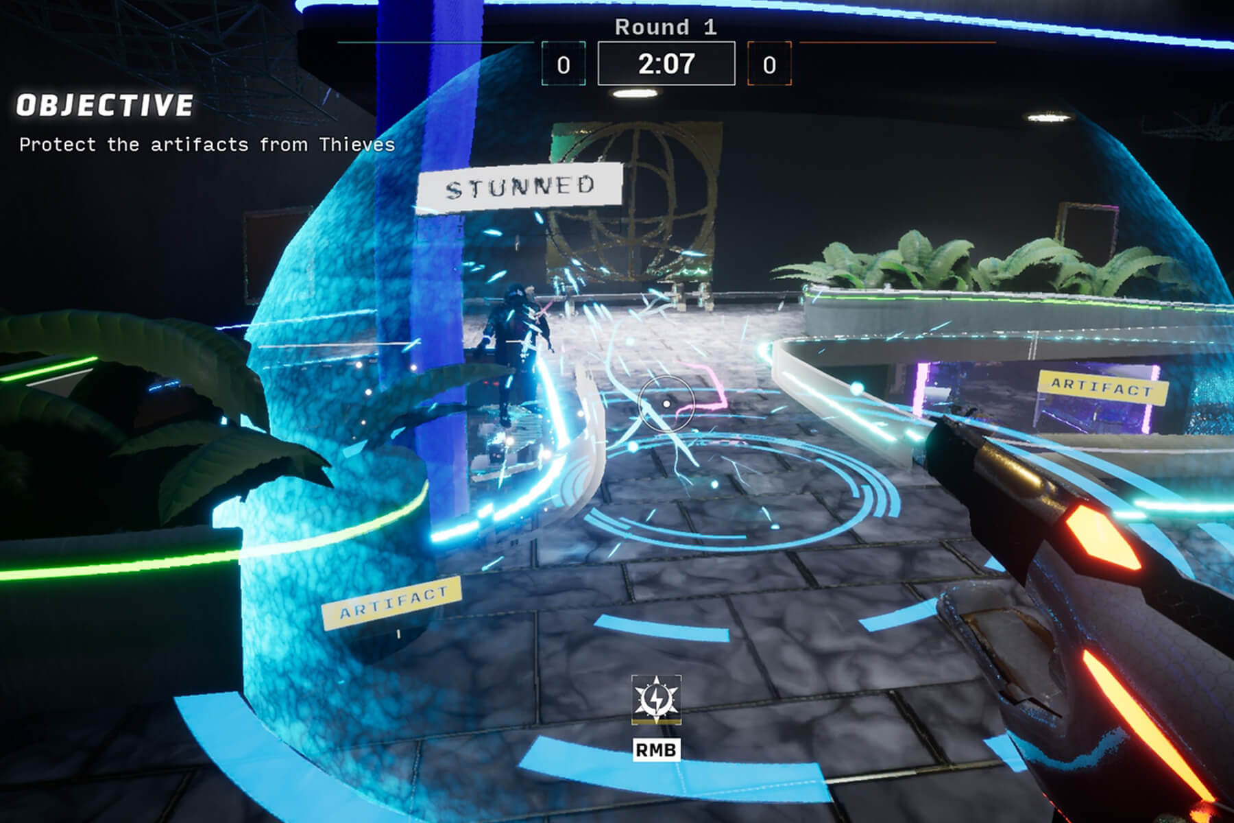 A screenshot from DigiPen student game Night Heist depicting the player stunning a thief trying to steal an artifact.