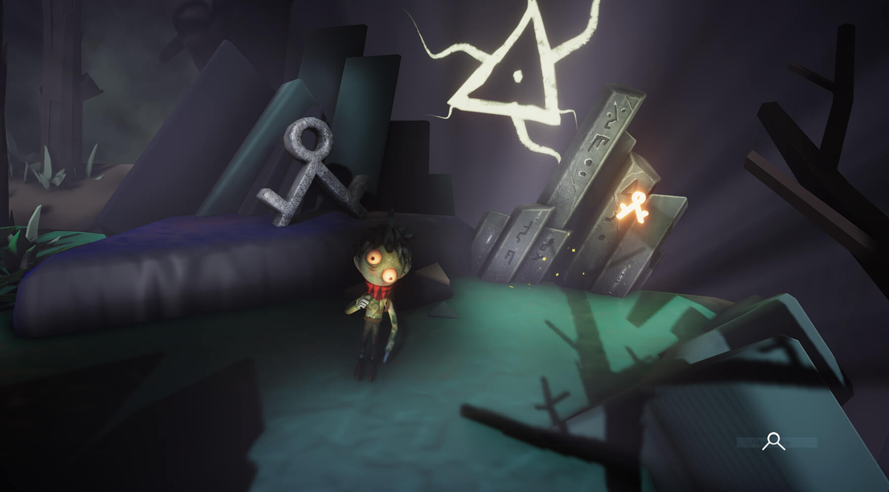A boy with lopsided eyes surrounded by strange symbols, from student game The Pilgrim.
