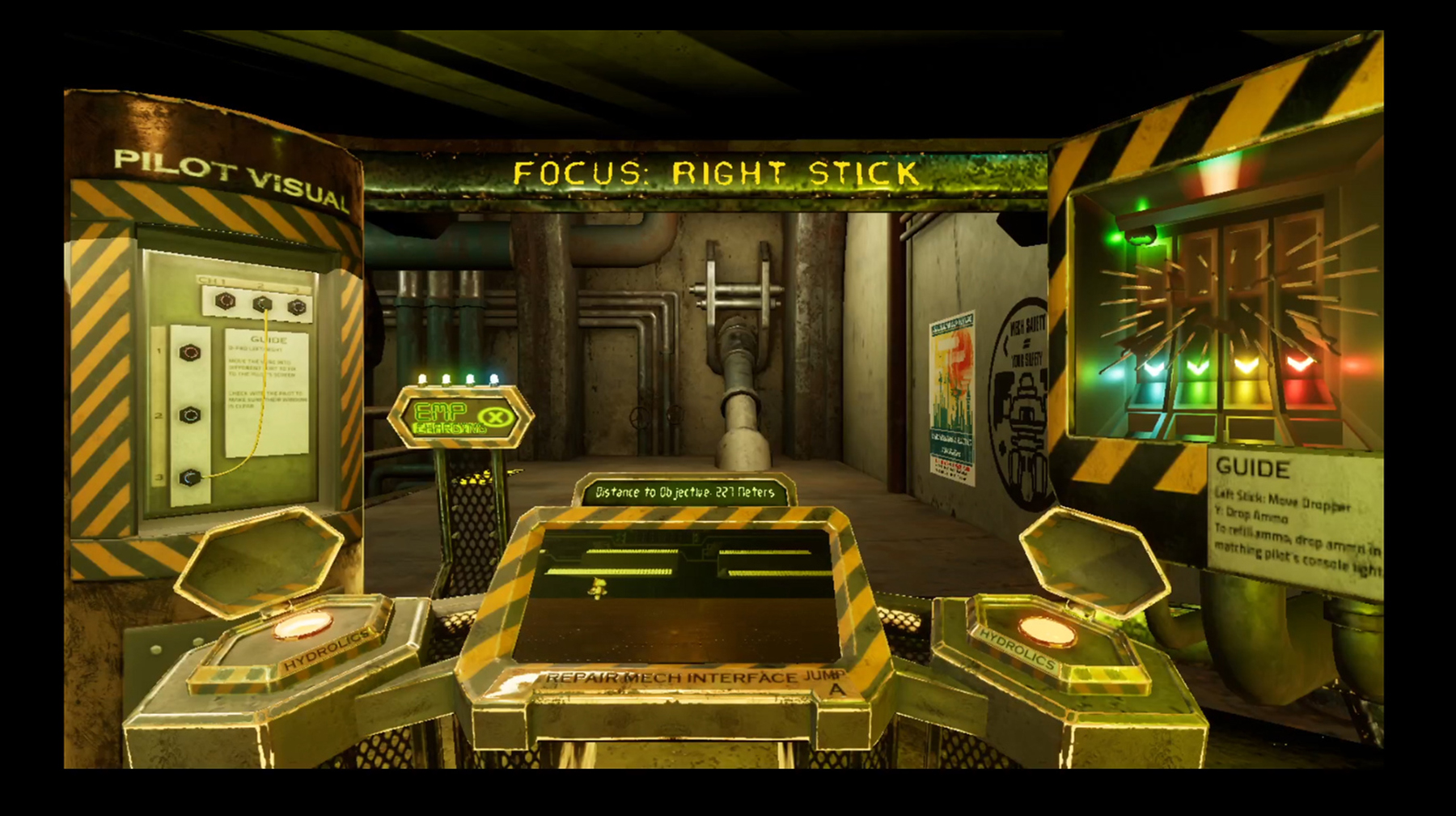 A view from a mech cockpit from DigiPen student game D-BUG.