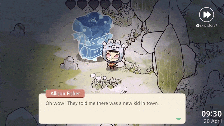 An excerpt from Cozy Grove depicting a bear ghost complimenting the player’s outfit.