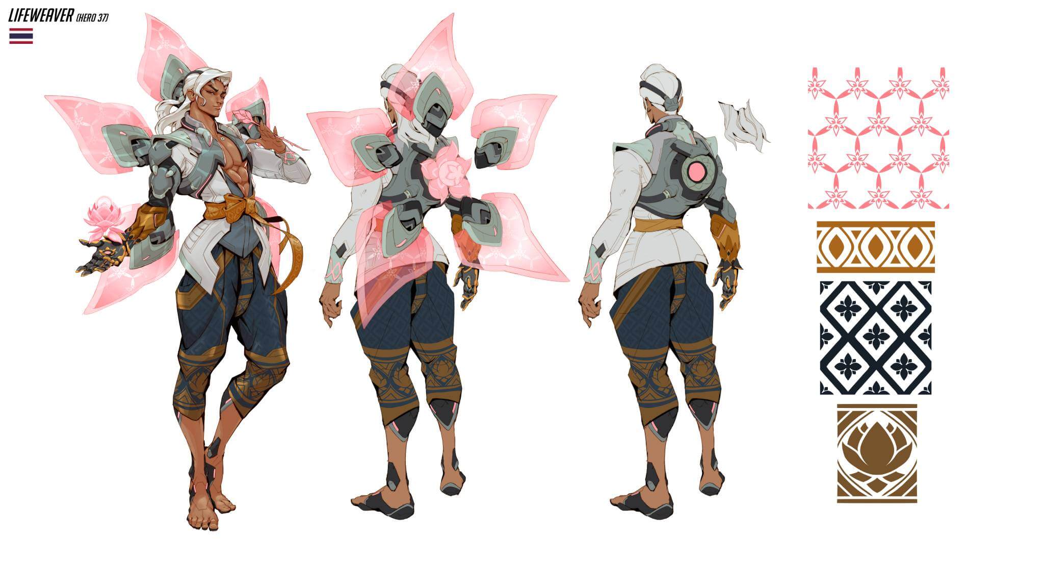 Concept art for the Overwatch 2 character Lifeweaver, highlighting a prominent flower-petal light projection device on his back.