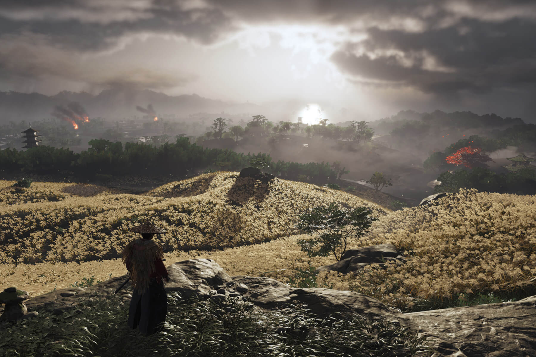 A samurai stands before a field overlooking a besieged village