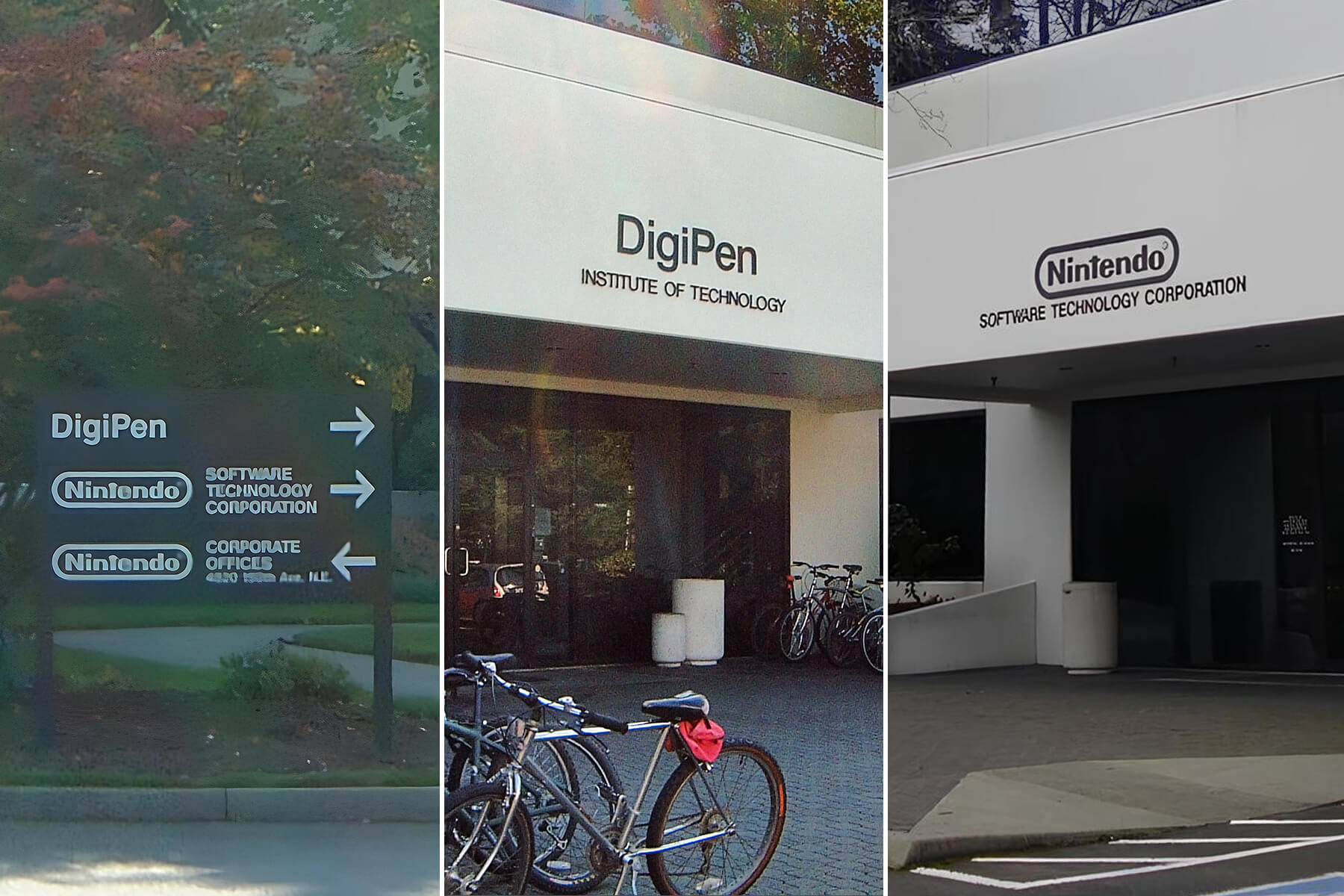A picture of a sign giving directions to Nintendo Software Technology and DigiPen, next to exterior shots of both.