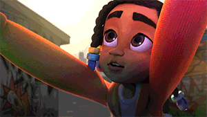 An animated GIF taken from student film Adija, featuring the main character expressively blinking with her hands on a wall.
