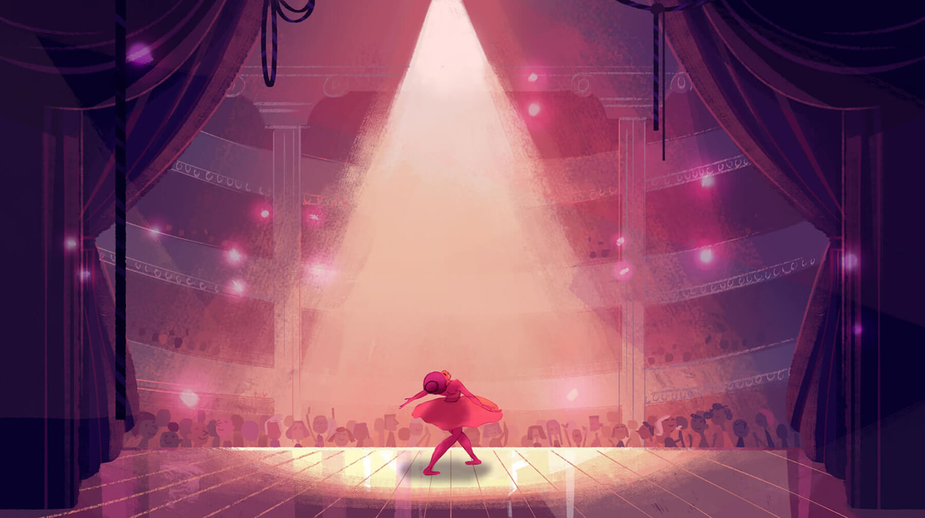 Screen capture from the DigiPen student film Etude. A ballerina, bathed in pink stage light, dances in front of a packed audience in a large, ornate theater.