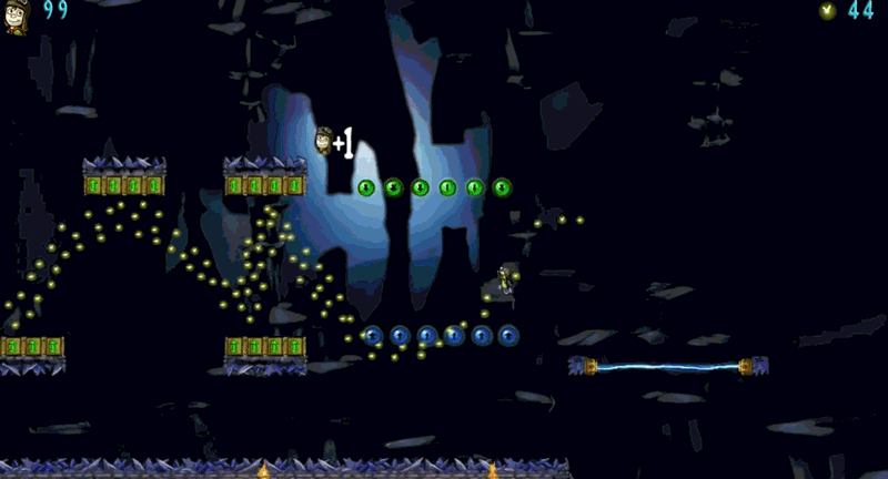 A caped young boy glides over a pit of sharp crystal in a cavern by flipping gravity in student game A Flipping Good Time.