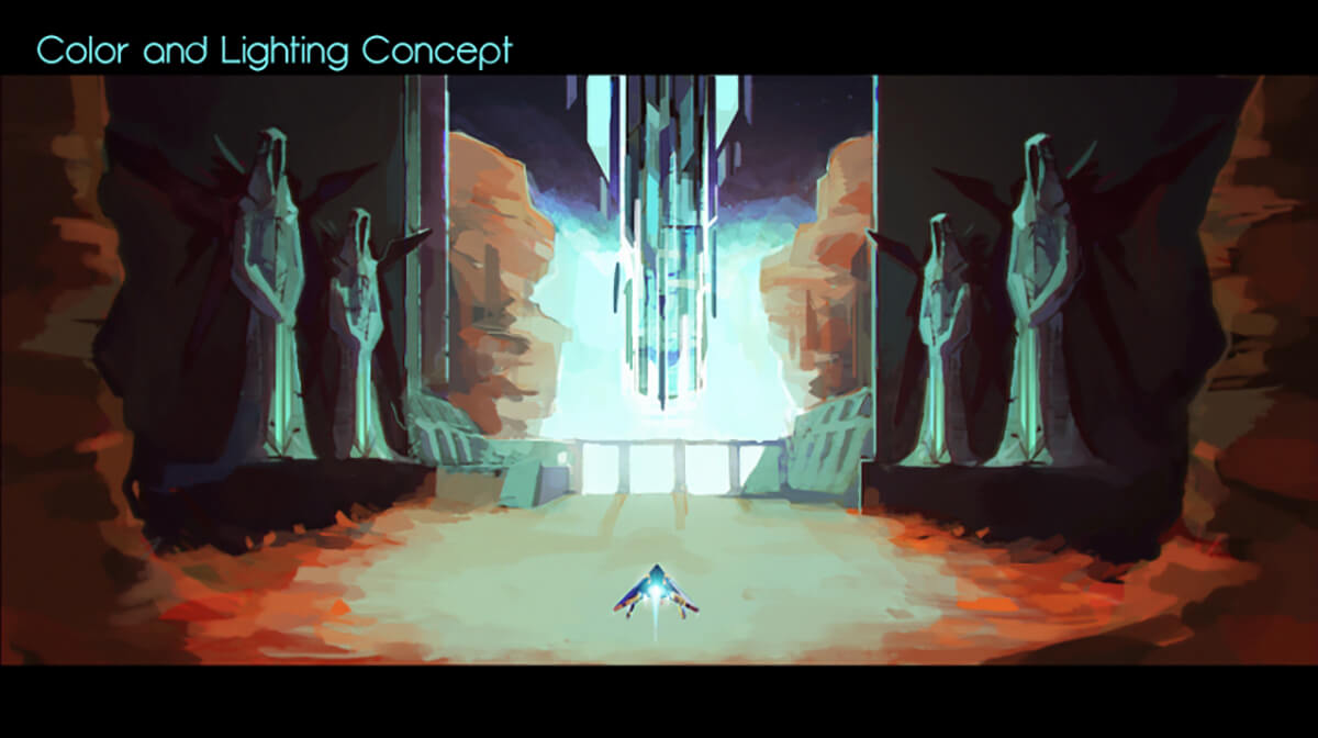 Digital painting of a hovercraft vehicle at the entrance of a vast chamber, flanked by large statues of alien hooded figures.