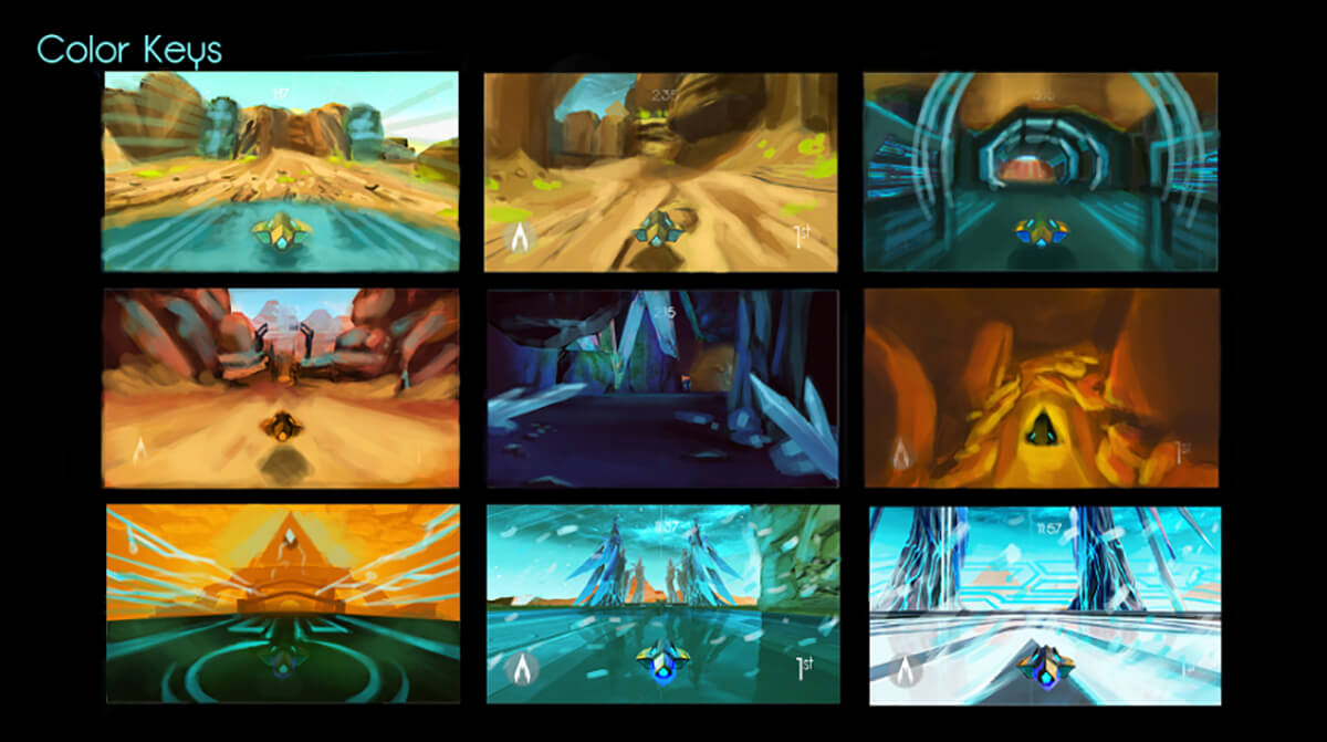 A series of 9 color keys for the student game Arc; each features a yellow hovercraft in a blue and yellow alien environment.