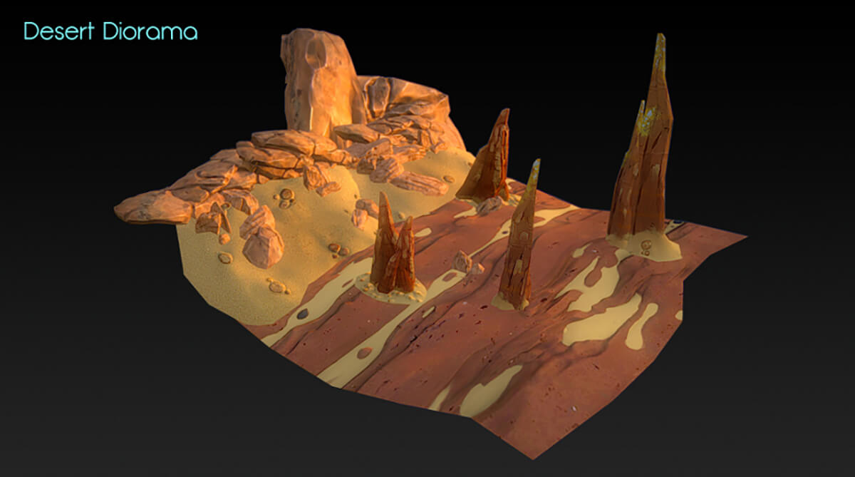 3D image of a desert landscape with tall, craggy rock features sticking out of the ground.