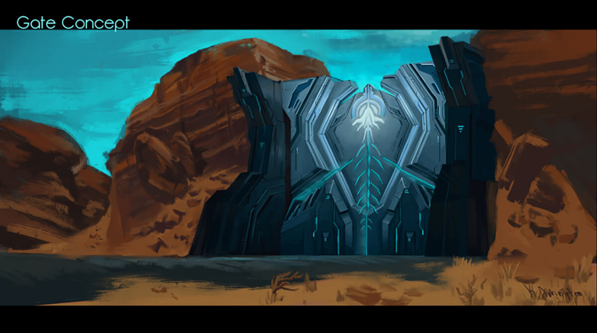 Concept painting for the DigiPen student game Arc, depicting a large gateway that is closing the entrance to a desert canyon.