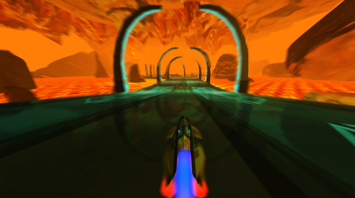 Screenshot from the DigiPen student game Arc in which a yellow hovercraft races on a blue speedway across a desert landscape.