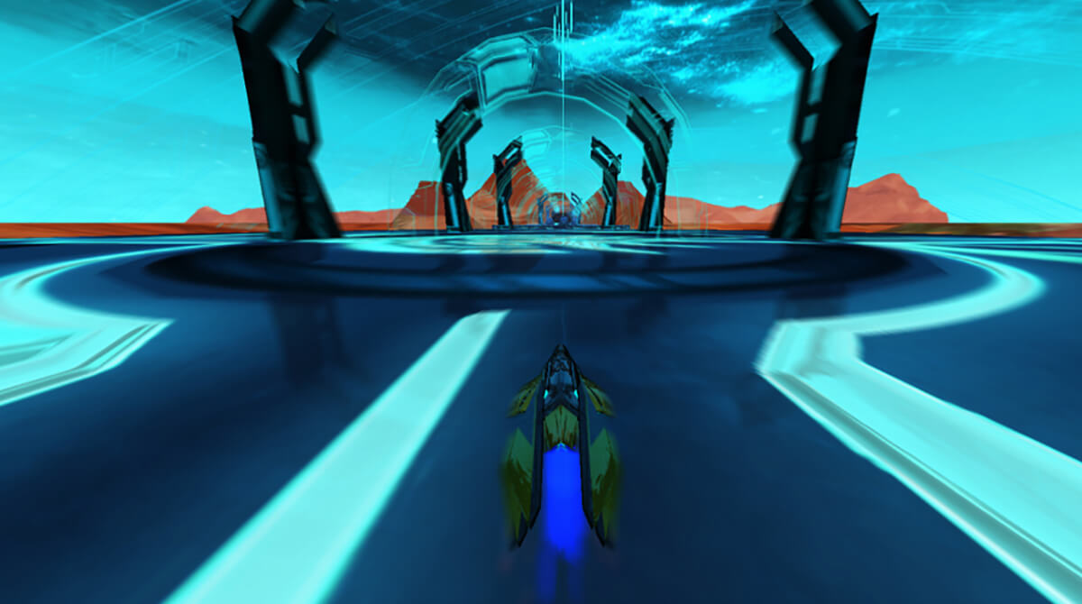 Screenshot from DigiPen student game Arc in which a hovercraft is racing along a bluish speedway spanning a lava-filled lake.