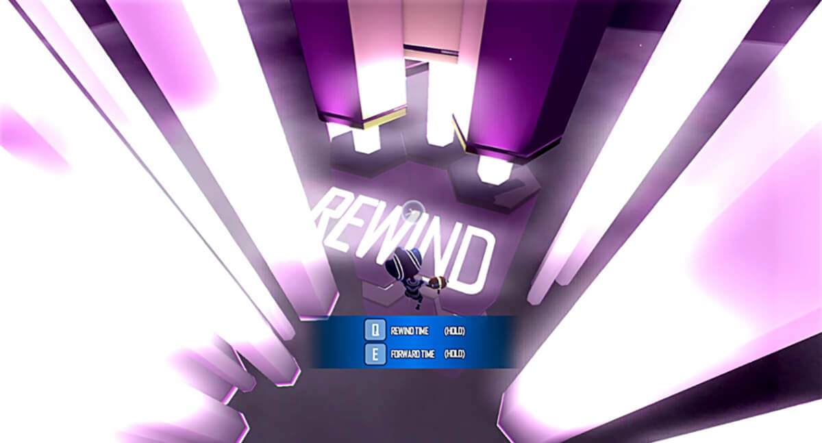 Screenshot of DigiPen game Chrono Disfunglement in which avatar stands in purple room with the word REWIND written on floor.