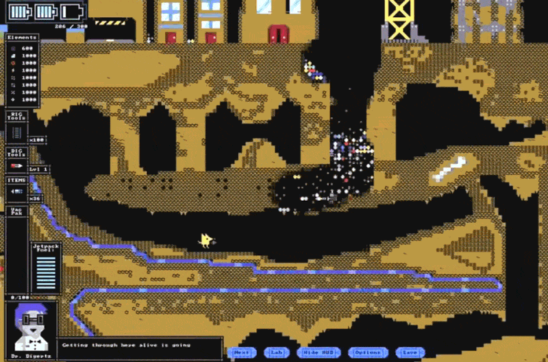 A yellow robot bounces through a pixelated mine
