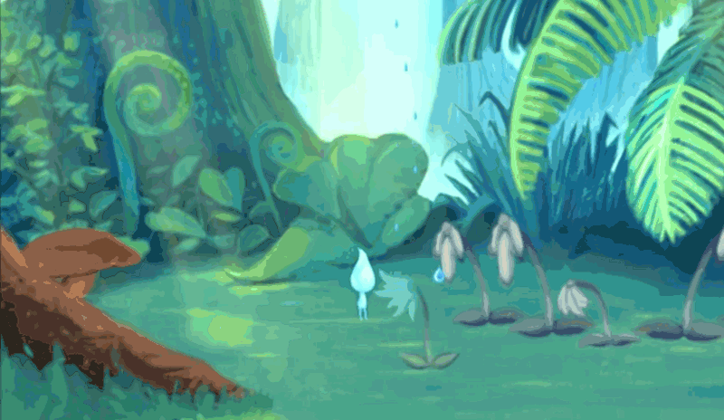A raindrop character stands in front of dancing flowers