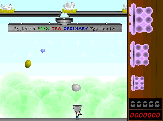 A GIF of a farmer collecting tumbling eggs of various sizes in a basket, taken from the the game Eggbert.