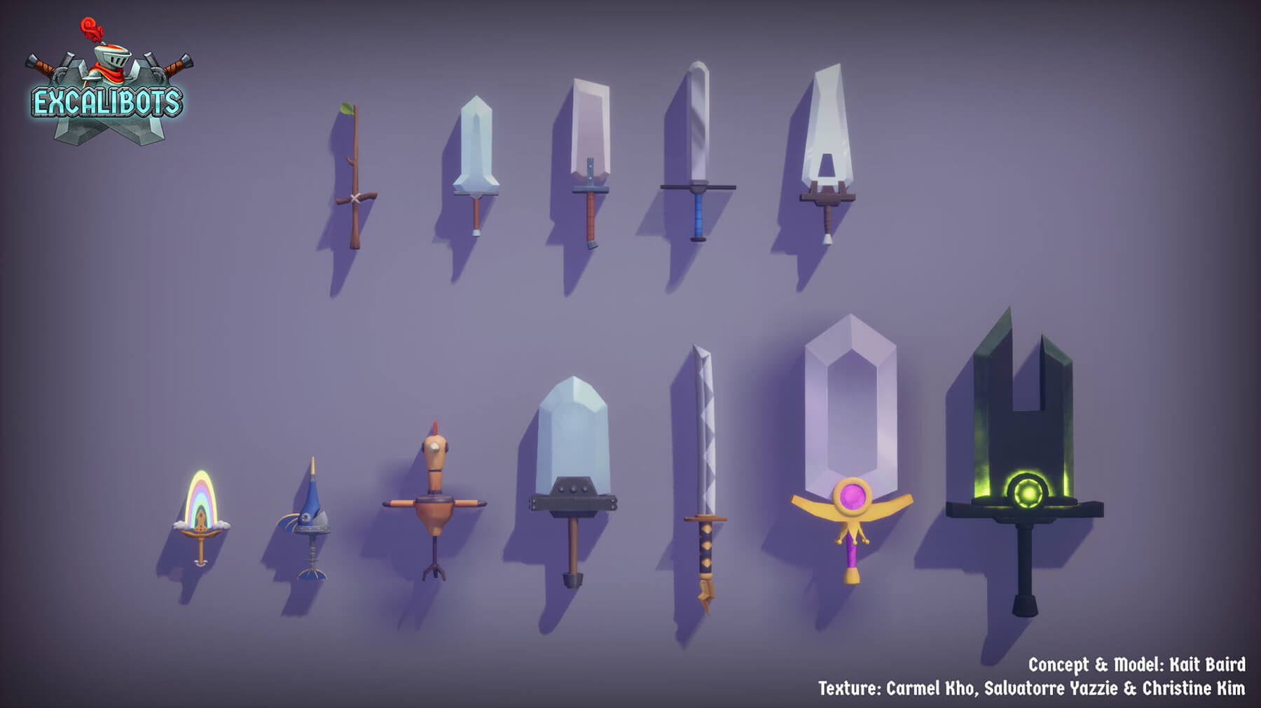Concept and 3D model art of various swords from the game Excalibots