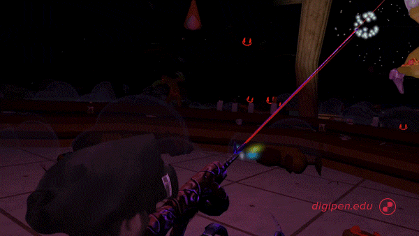 A man wearing a VR headset and a baker's hat shoots at hordes of undead gingerbread men.