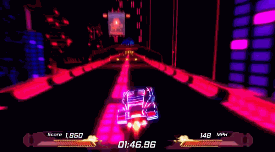 A futuristic car races through a neon-lit world
