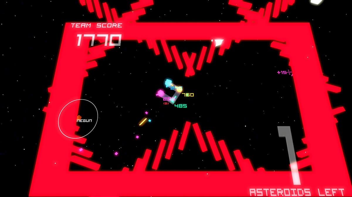 Screenshot of student game Super Space _____ featuring a gray blocky spaceship with 4 turrets trying to avoid red obstacles