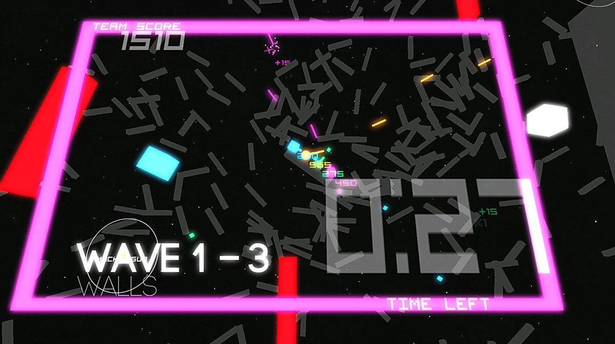 Screenshot of student game Super Space ____ featuring a gray blocky spaceship surrounded by hundreds of floating wall objects