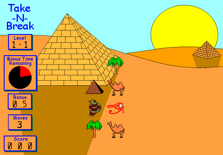 A GIF of the player lining up icons from Egypt, beach, safari, kitchen and space themed levels in the game Take-n-Break.