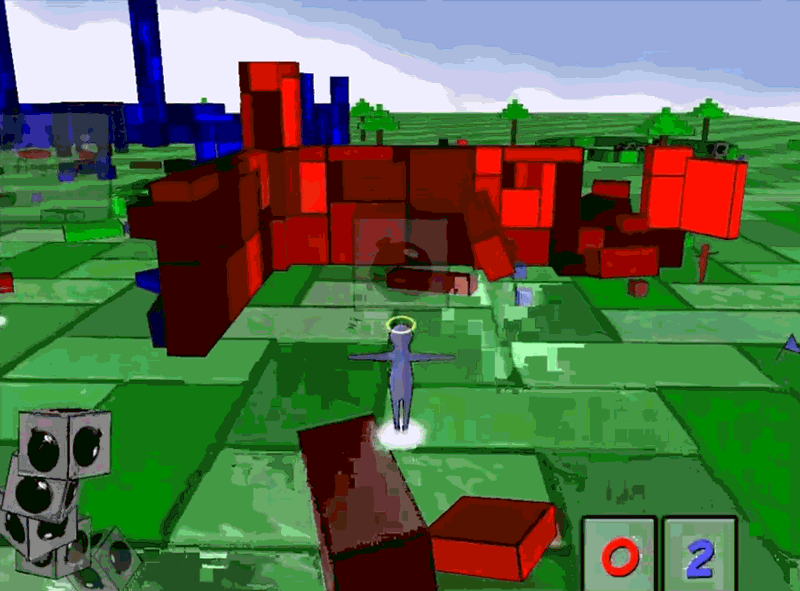 A blue player throws a boxy bomb at the red team’s fort, sending red bricks flying, in student game Toblo.