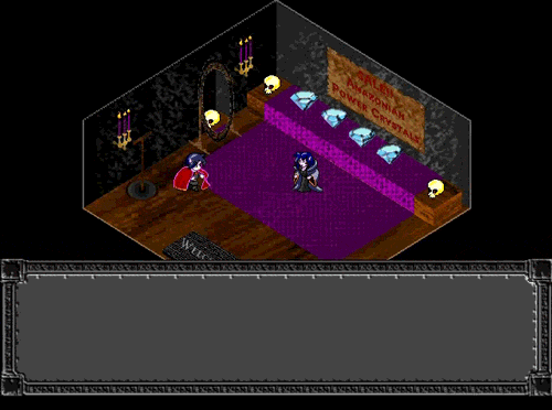 The cape-wearing hero Toto speaks to the owner of a crystal shop before being warped to a nether-realm in the game Toto Chaos.